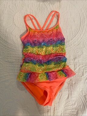 wonder nation Neon Orange Rainbow Ruffle One-Piece Swimsuit